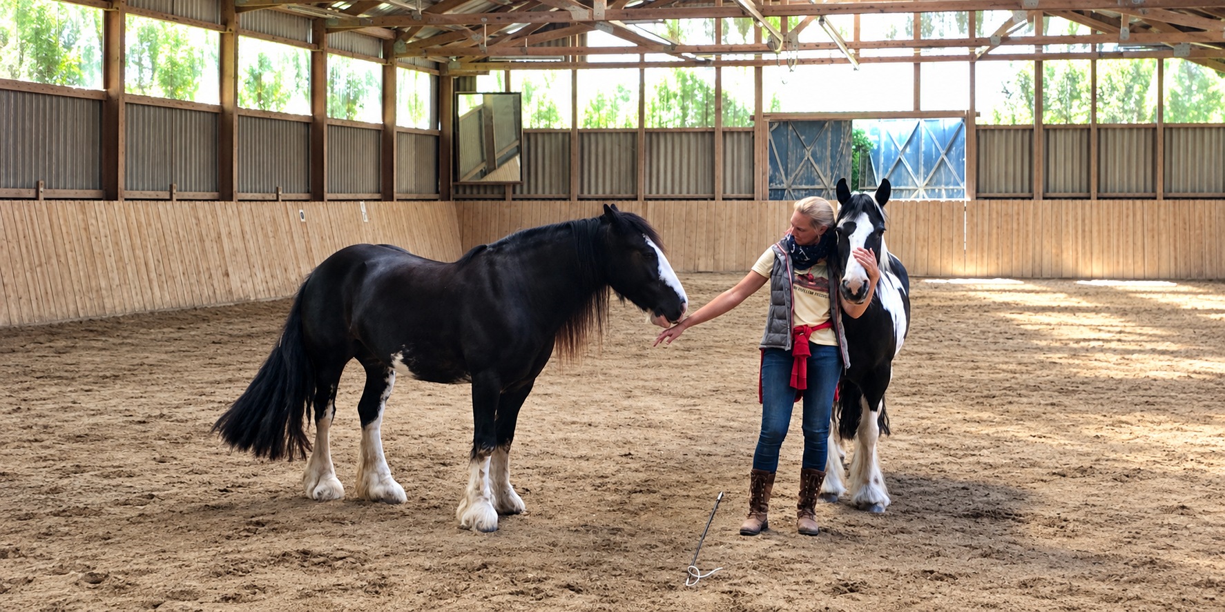 Heike mit zwei Pferden in der Reithalle